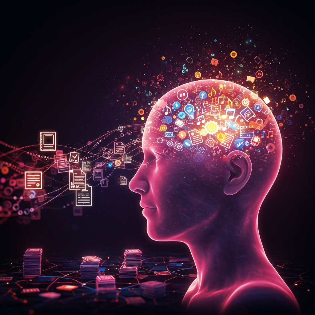 Abstrakte Darstellung eines Kopfes, aus dem kreative Elemente (Stift, Buch, Filmrolle, Noten) und Datenströme fließen, die von stilisierten Dokumentenstapeln gespeist werden